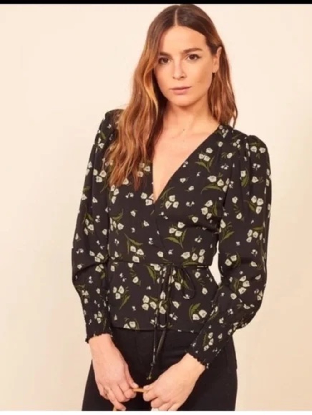 Reformation Black Floral Wrap Blouse Tie Waist Top Cottagecore Romantic S